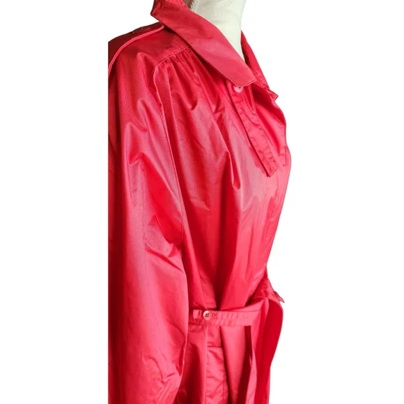 Vintage 80s Paris Sport Club Red Belted Long Nylon Trench Coat Women's 7/8 M - Picture 11 of 16